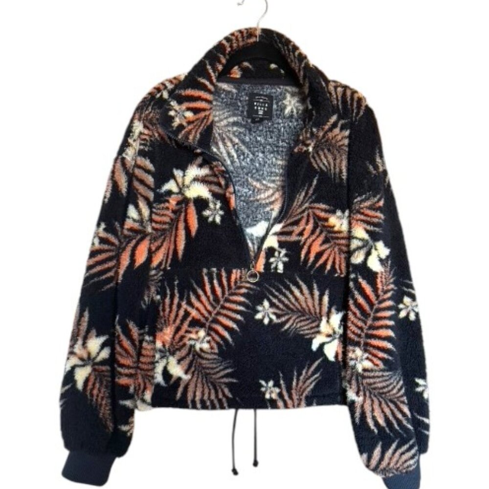 Billabong Soft Blk Orange Tan Floral Fleece Half Zip Pullover  Sz L #06